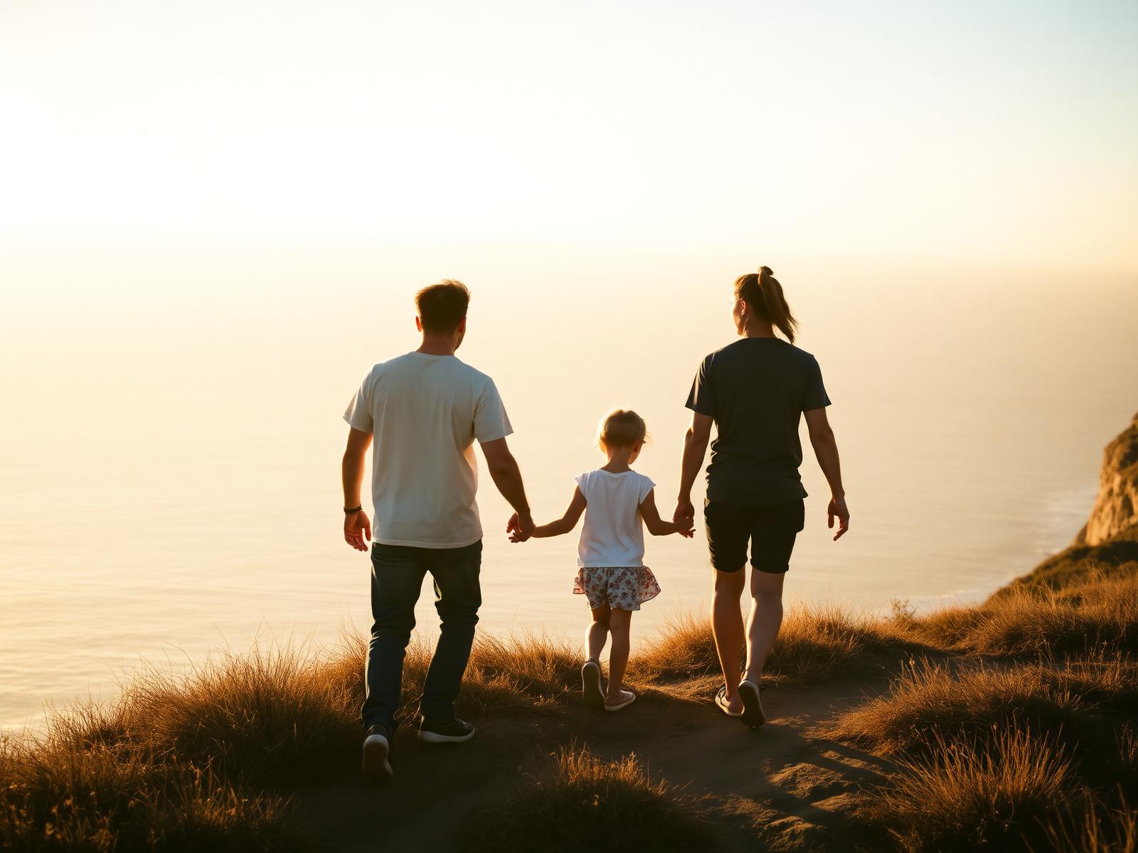 The Together Trip family walking a coastal trail at golden hour
