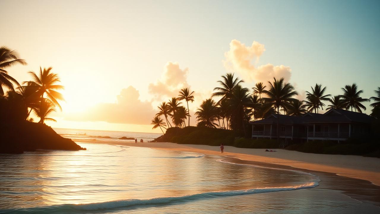 Palm-lined Hawaiian beach at golden hour with a resort in the distance