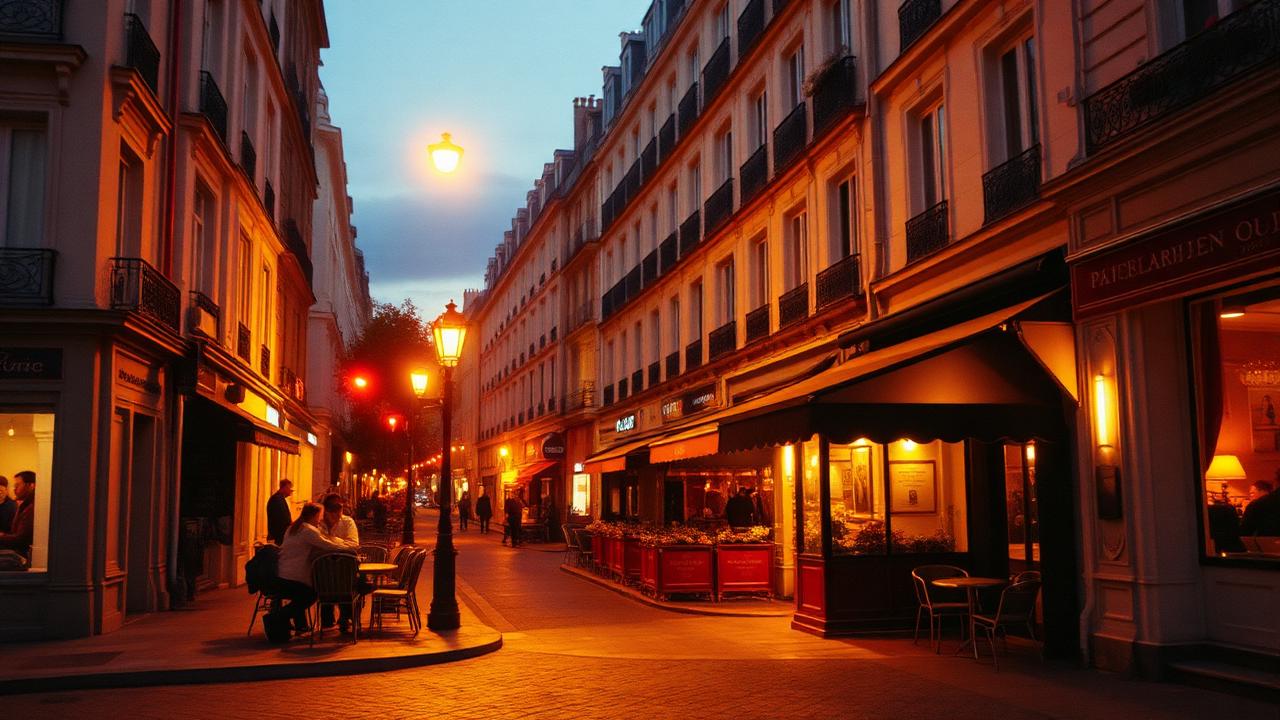 Paris street at dusk with a lit bistro and warm street lamps