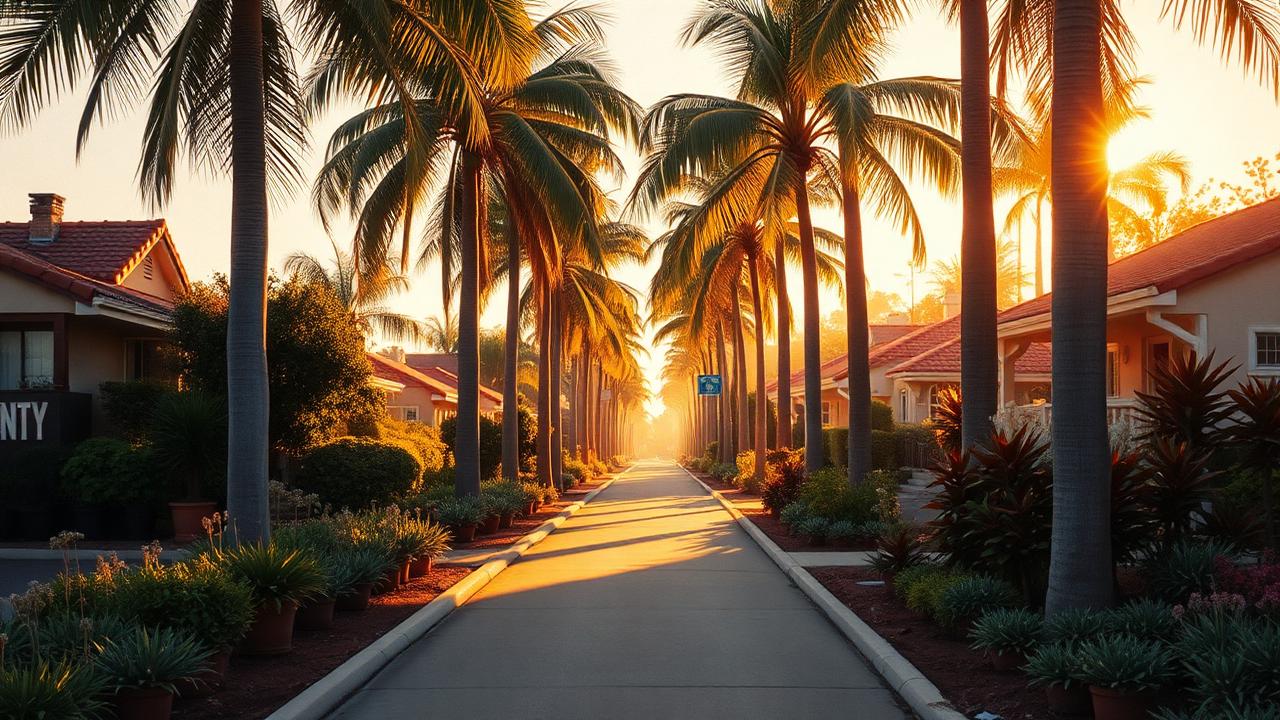Palm-lined Southern California street glowing in late afternoon light